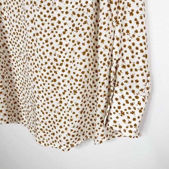 Pleione Medium Cream Orange Ditsy Floral Long Sleeve Blouse V Neck Pleated Back - Picture 4 of 10